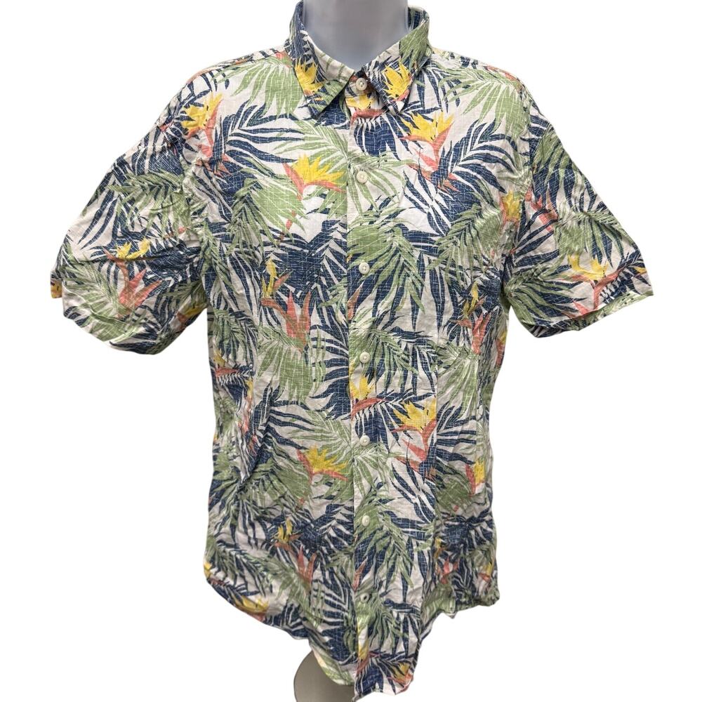 IZOD Signature Hawaiian Shirt Sz L Blue Green Palm Trees Lightweight 100% Cotton